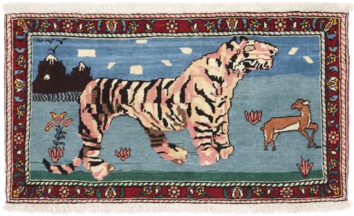 Full view of 1920s Bakhtiar rug from Iran / Persia, 89 × 51 cm in Blue tones