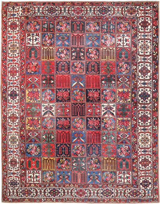 Full view of 1920s Bakhtiar rug from Iran / Persia, 411 × 324 cm in Multi Color tones