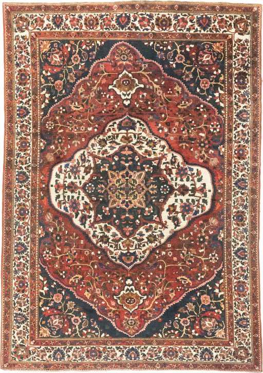 Full view of 1940s Bakhtiar rug from Iran / Persia, 360 × 250 cm in Red tones