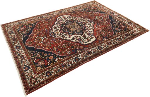 Corner detail of 1940s Bakhtiar rug showing border pattern and Wool pile