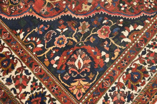 Full view of 1940s Bakhtiar rug from Iran / Persia, 360 × 250 cm in Red tones