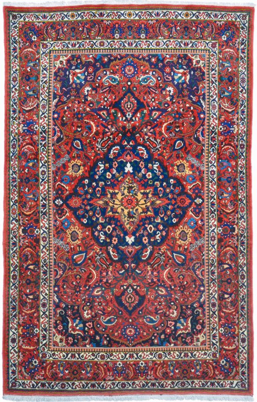 Full view of 1940s Bakhtiar rug from Iran / Persia, 327 × 209 cm in Red tones