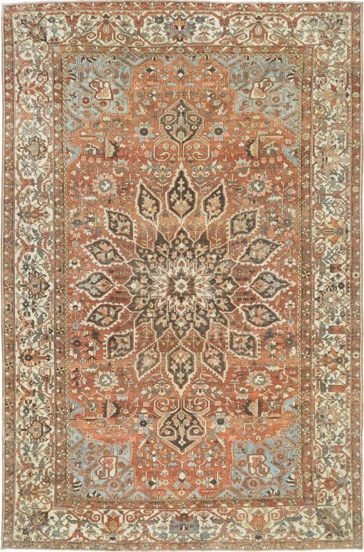 Full view of 1920s Bakhtiar rug from Iran / Persia, 586 × 380 cm in Red tones