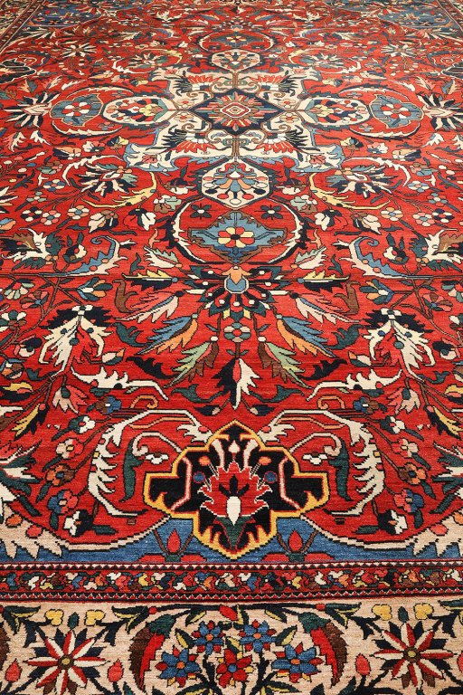 Full view of 1900s Bakhtiar rug from Iran / Persia, 673 × 476 cm in Dark red tones