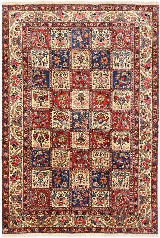 Full view of 1940s Bakhtiar rug from Iran / Persia, 317 × 219 cm in Multi Color tones