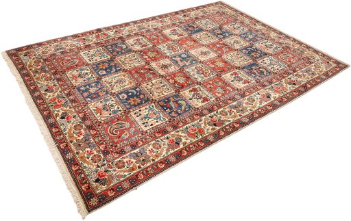 Corner detail of 1940s Bakhtiar rug showing border pattern and Wool pile