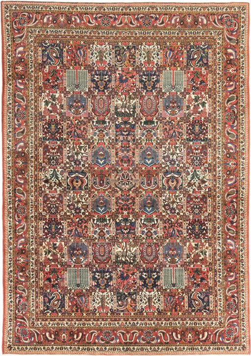 Full view of 1950s Bakhtiar rug from Iran / Persia, 386 × 267 cm in Dark red tones