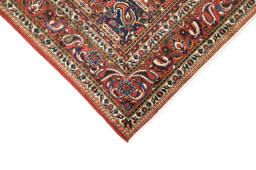 Backside of handmade 1950s Bakhtiar rug showing knot structure and weave density