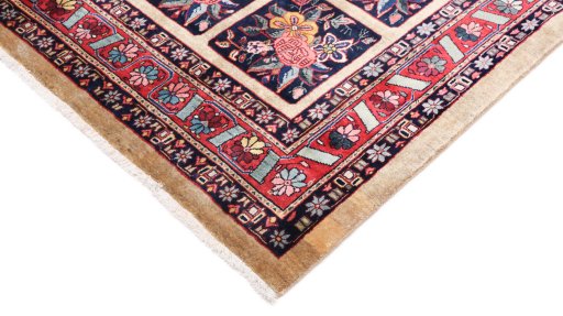Backside of handmade 1980s Bakhtiar rug showing knot structure and weave density