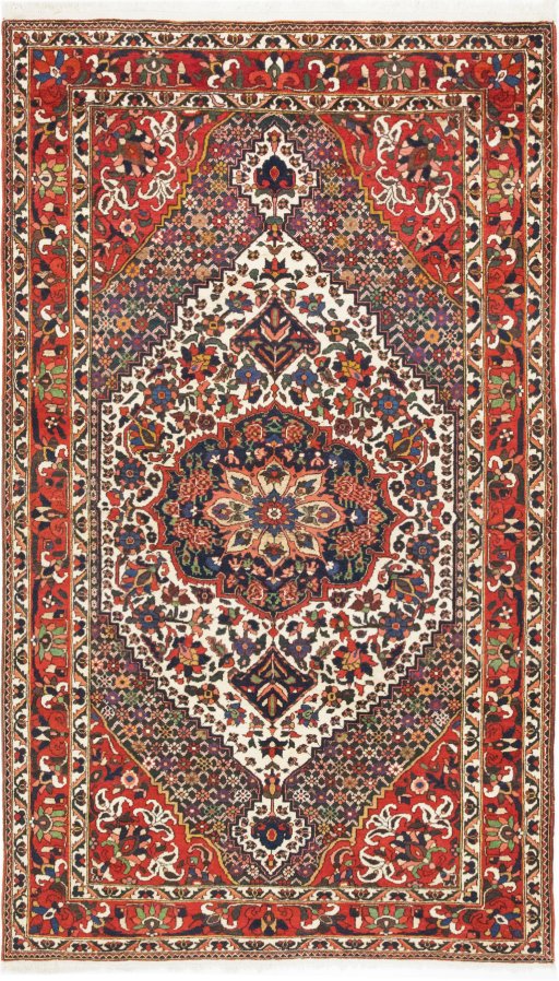 Full view of 1940s Bakhtiar rug from Iran / Persia, 279 × 160 cm in White tones