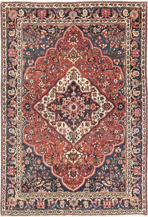 Full view of 1930s Bakhtiar rug from Iran / Persia, 305 × 201 cm in Dark red tones