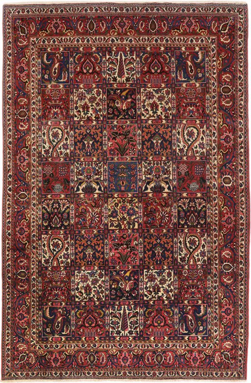 Full view of 1930s Bakhtiar rug from Iran / Persia, 325 × 216 cm in Dark red tones