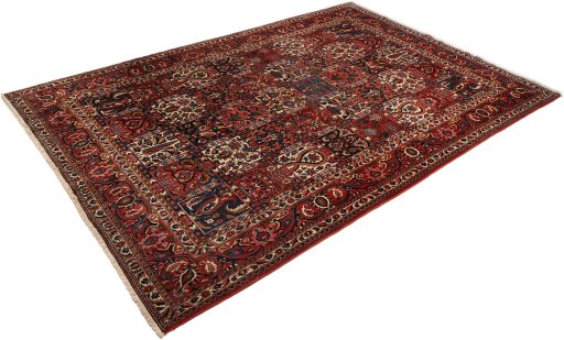 Corner detail of 1930s Bakhtiar rug showing border pattern and Wool pile