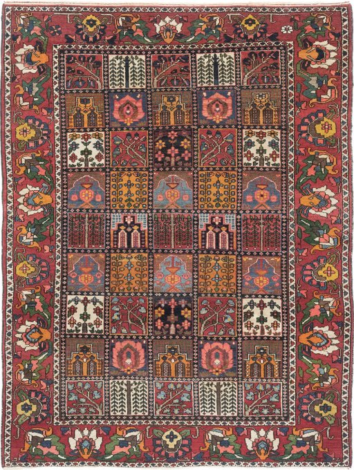 Full view of 1920s Bakhtiar rug from Iran / Persia, 203 × 157 cm in Multi Color tones