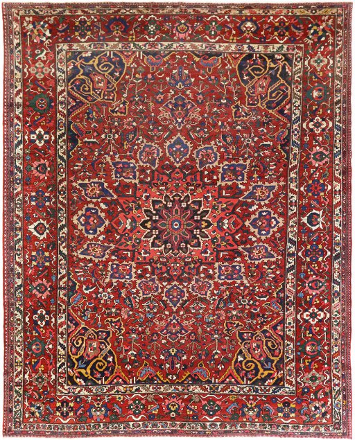 Full view of 1920s Bakhtiar rug from Iran / Persia, 401 × 330 cm in Red tones