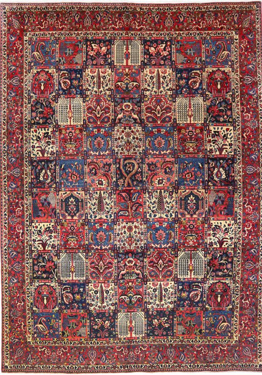 Full view of 1930s Bakhtiar rug from Iran / Persia, 434 × 312 cm in Multi Color tones