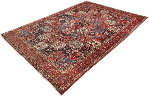 Corner detail of 1930s Bakhtiar rug showing border pattern and Wool pile
