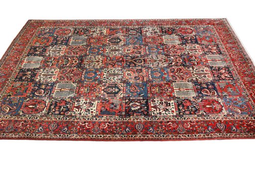 Backside of handmade 1930s Bakhtiar rug showing knot structure and weave density