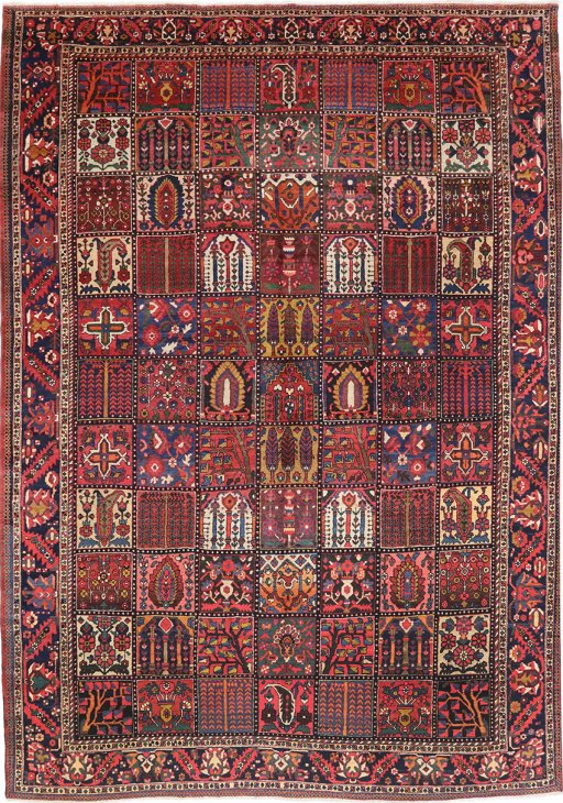 Full view of 1900s Bakhtiar rug from Iran / Persia, 427 × 310 cm in Red tones