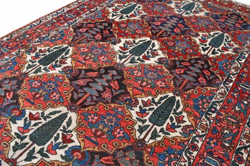 Corner detail of 1950s Bakhtiar rug showing border pattern and Wool pile