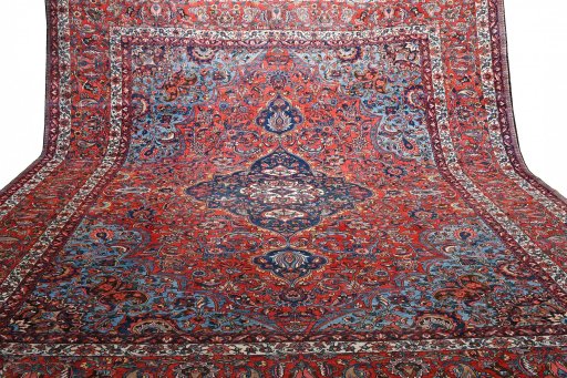 Full view of 1930s Bakhtiar rug from Iran / Persia, 437 × 379 cm in Red tones