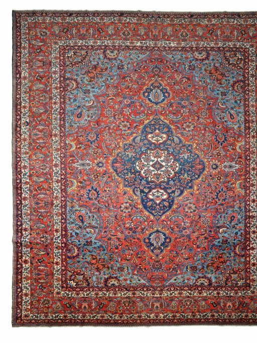 Full view of 1930s Bakhtiar rug from Iran / Persia, 437 × 379 cm in Red tones