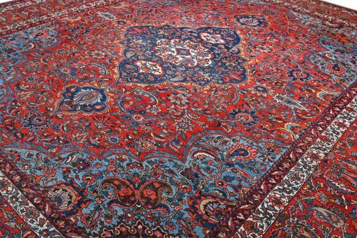 Backside of handmade 1930s Bakhtiar rug showing knot structure and weave density