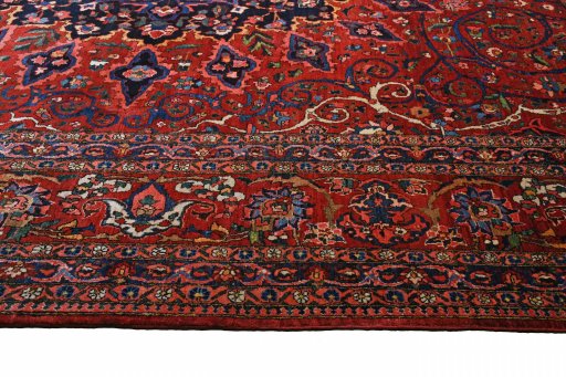 Corner detail of 1930s Bakhtiar rug showing border pattern and Wool pile