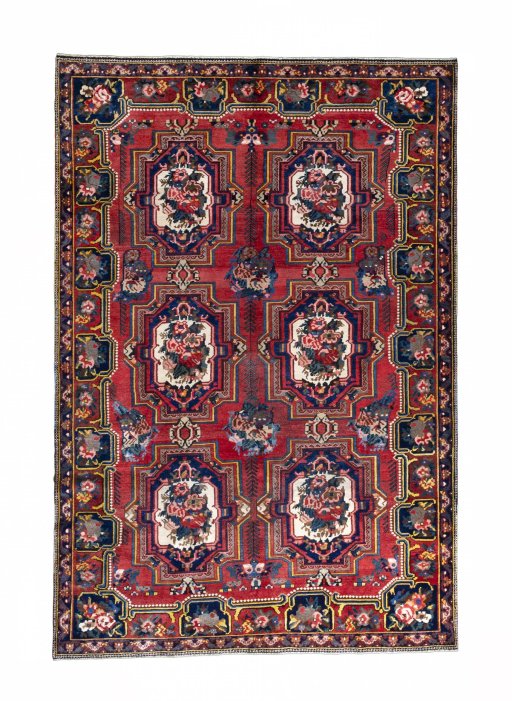 Full view of 1930s Bakhtiar rug from Iran / Persia, 315 × 214 cm in Red tones