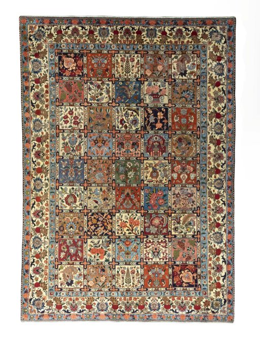 Full view of 2000s Bakhtiar rug from Iran / Persia, 286 × 196 cm in Multi Color tones