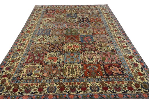 Surface texture of 2000s Bakhtiar rug with natural Wool and intricate pattern