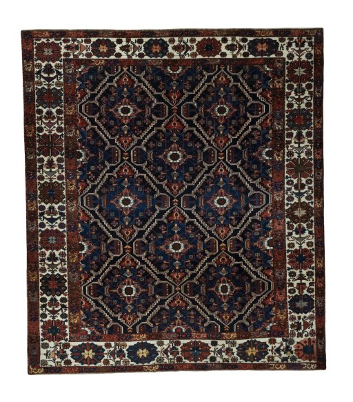 Full view of 1930s Bakhtiar rug from Iran / Persia, 380 × 332 cm in Blue tones