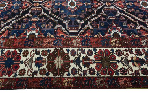 Full view of 1930s Bakhtiar rug from Iran / Persia, 380 × 332 cm in Blue tones