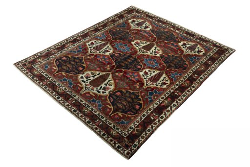 Corner detail of 1950s Bakhtiar rug showing border pattern and Wool pile