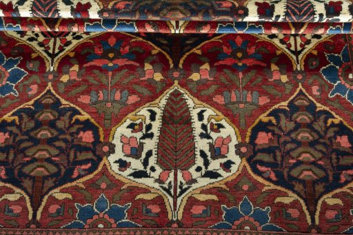 Full view of 1950s Bakhtiar rug from Iran / Persia, 192 × 154 cm in Red tones