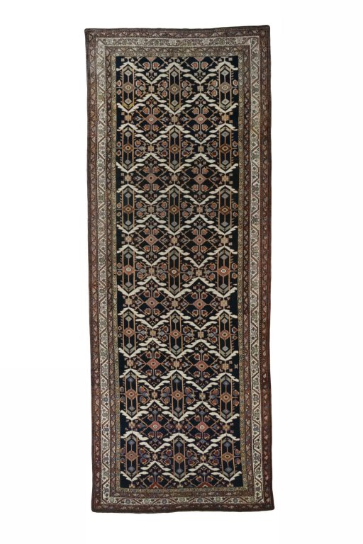 Full view of New Bakhtiar rug from Iran / Persia, 436 × 167 cm in Blue tones