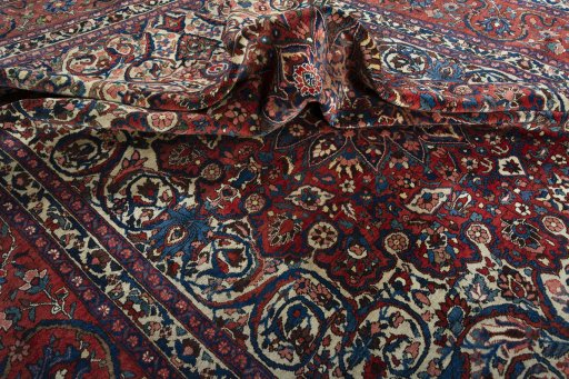 Surface texture of 1950s Bakhtiar rug with natural Wool and intricate pattern