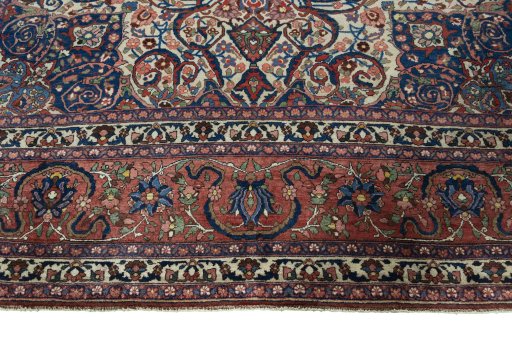Full view of 1950s Bakhtiar rug from Iran / Persia, 411 × 315 cm in Beige tones
