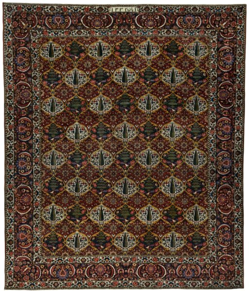 Full view of 1930s Bakhtiar rug from Iran / Persia, 395 × 334 cm in Red tones