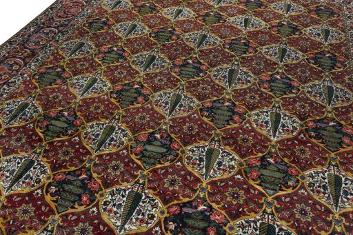 Backside of handmade 1930s Bakhtiar rug showing knot structure and weave density