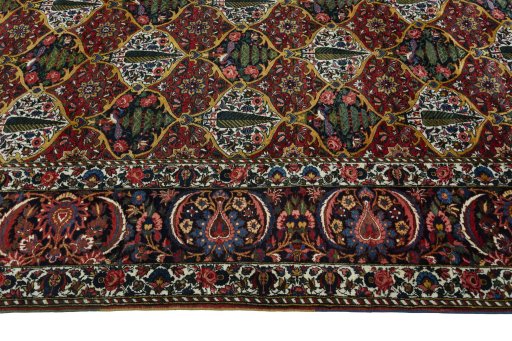 Full view of 1930s Bakhtiar rug from Iran / Persia, 395 × 334 cm in Red tones