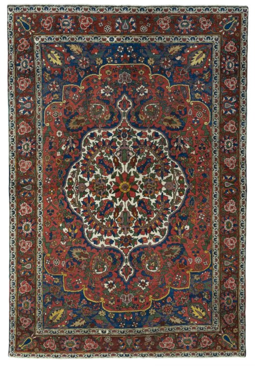 Full view of 1930s Bakhtiar rug from Iran / Persia, 230 × 155 cm in Red tones