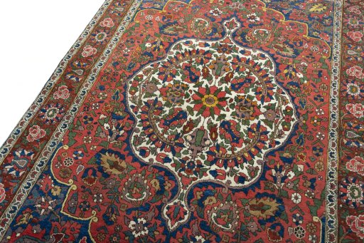 Backside of handmade 1930s Bakhtiar rug showing knot structure and weave density