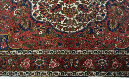 Full view of 1930s Bakhtiar rug from Iran / Persia, 230 × 155 cm in Red tones