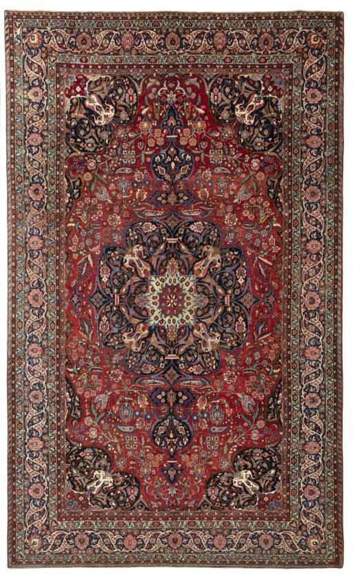 Full view of 1930s Bakhtiar rug from Iran / Persia, 505 × 308 cm in Red tones
