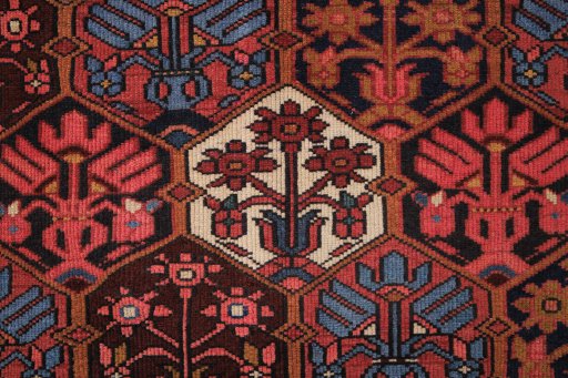 Full view of 1970s Bakhtiar rug from Iran / Persia, 285 × 190 cm in Multi Color tones