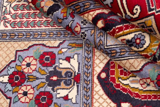 Surface texture of 1960s Bakhtiar rug with natural Wool and intricate pattern