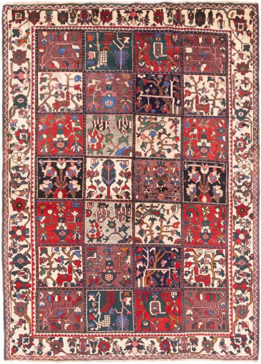 Full view of 1985s Bakhtiar rug from Iran / Persia, 206 × 153 cm in Multi Color tones