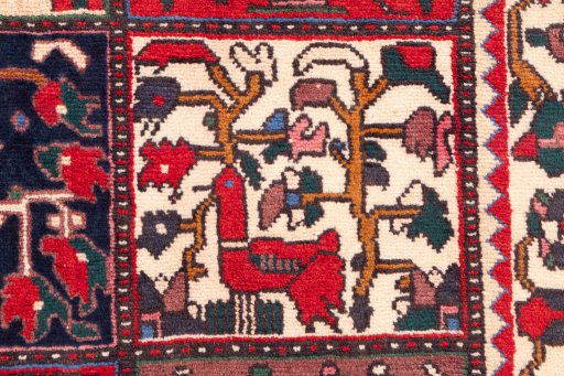 Corner detail of 1985s Bakhtiar rug showing border pattern and Wool pile