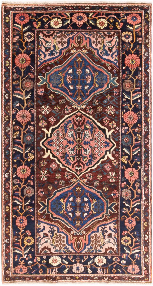 Full view of 1974s Bakhtiar rug from Iran / Persia, 308 × 166 cm in Multi Color tones